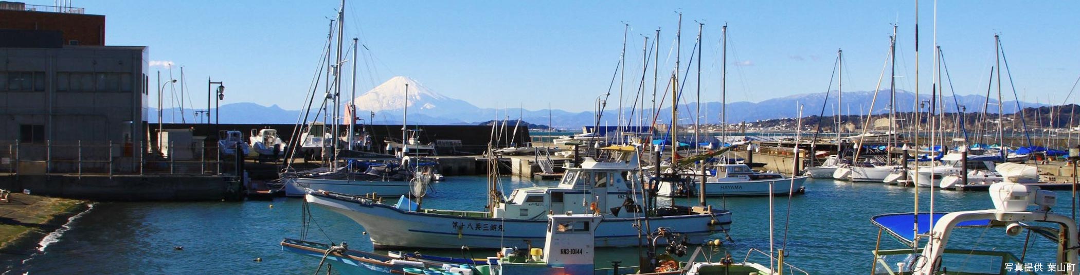 葉山港の船着き場から富士山が見える風景を撮った写真　写真提供：葉山町